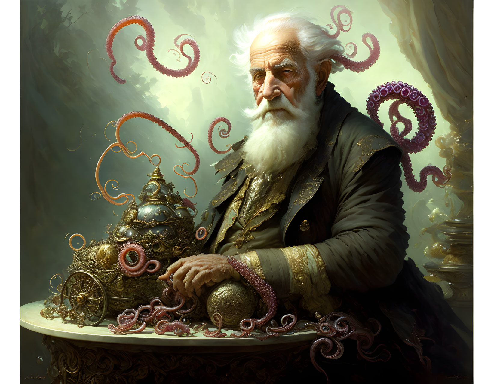 Elderly bearded man with mystical orb and clockwork in ethereal setting