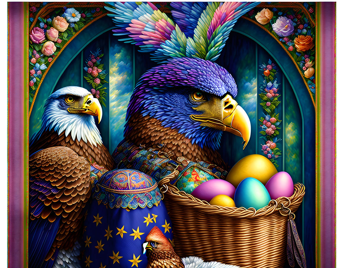 Colorful illustration of three eagles with multicolored feathers, flowers, eggs, and ornate