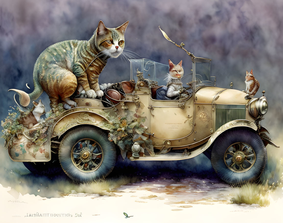 Anthropomorphic Cats on Vintage Car in Dreamy Setting