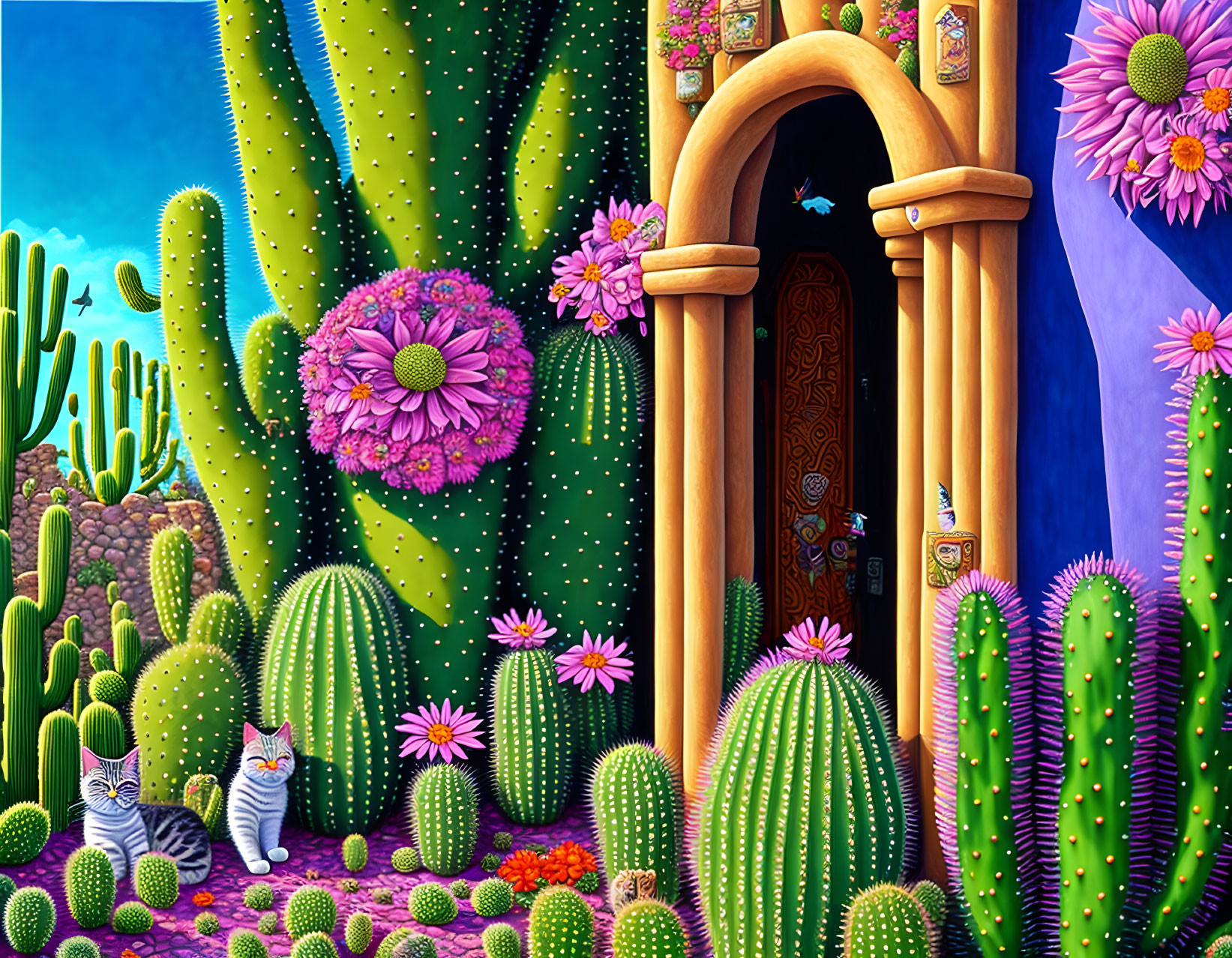 Colorful Cat Painting Surrounded by Cacti and Flowers on Blue Wall