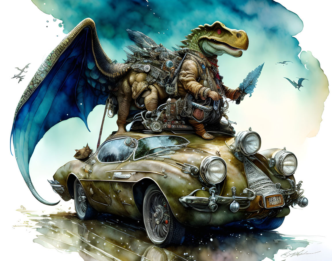 Steampunk anthropomorphic turtle in classic car with flying creature and armored dinosaur.