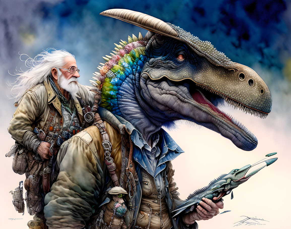 Elderly adventurer with white beard and feathered dinosaur in serene setting