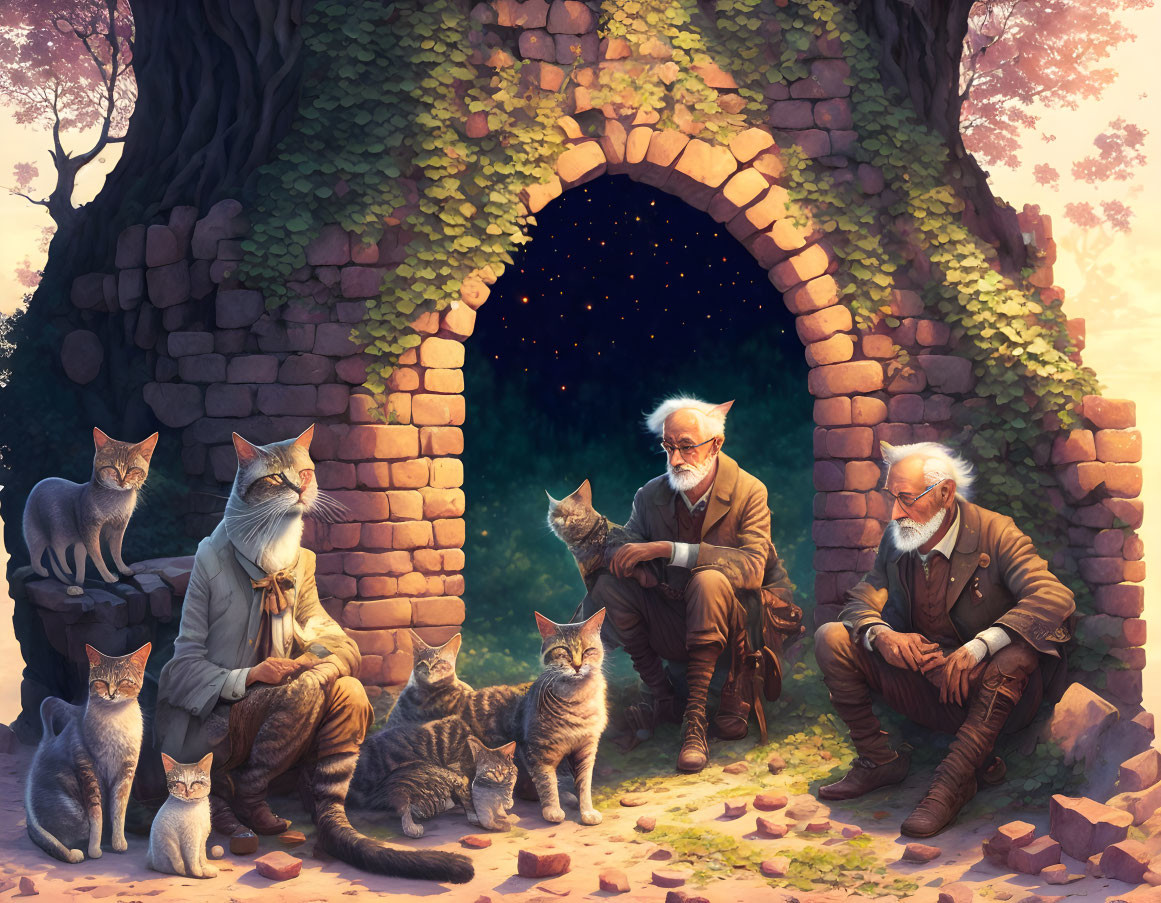 Elderly men with white beards surrounded by cats in serene outdoor scene