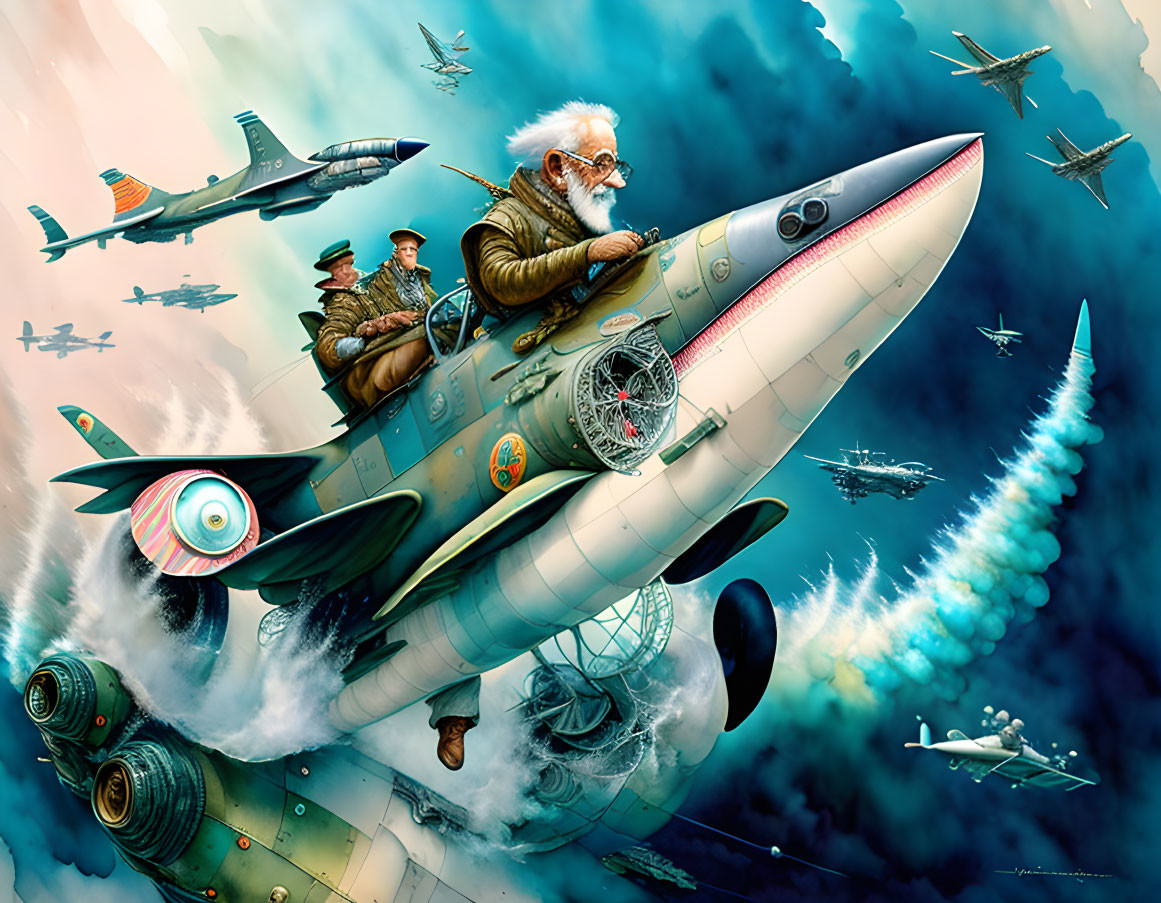 Elderly Man Riding Missile Surrounded by Military Aircraft in Sky