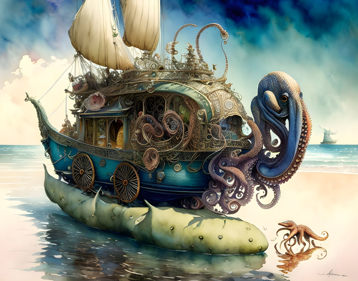 Steampunk ship with giant octopus and second ship on calm waters