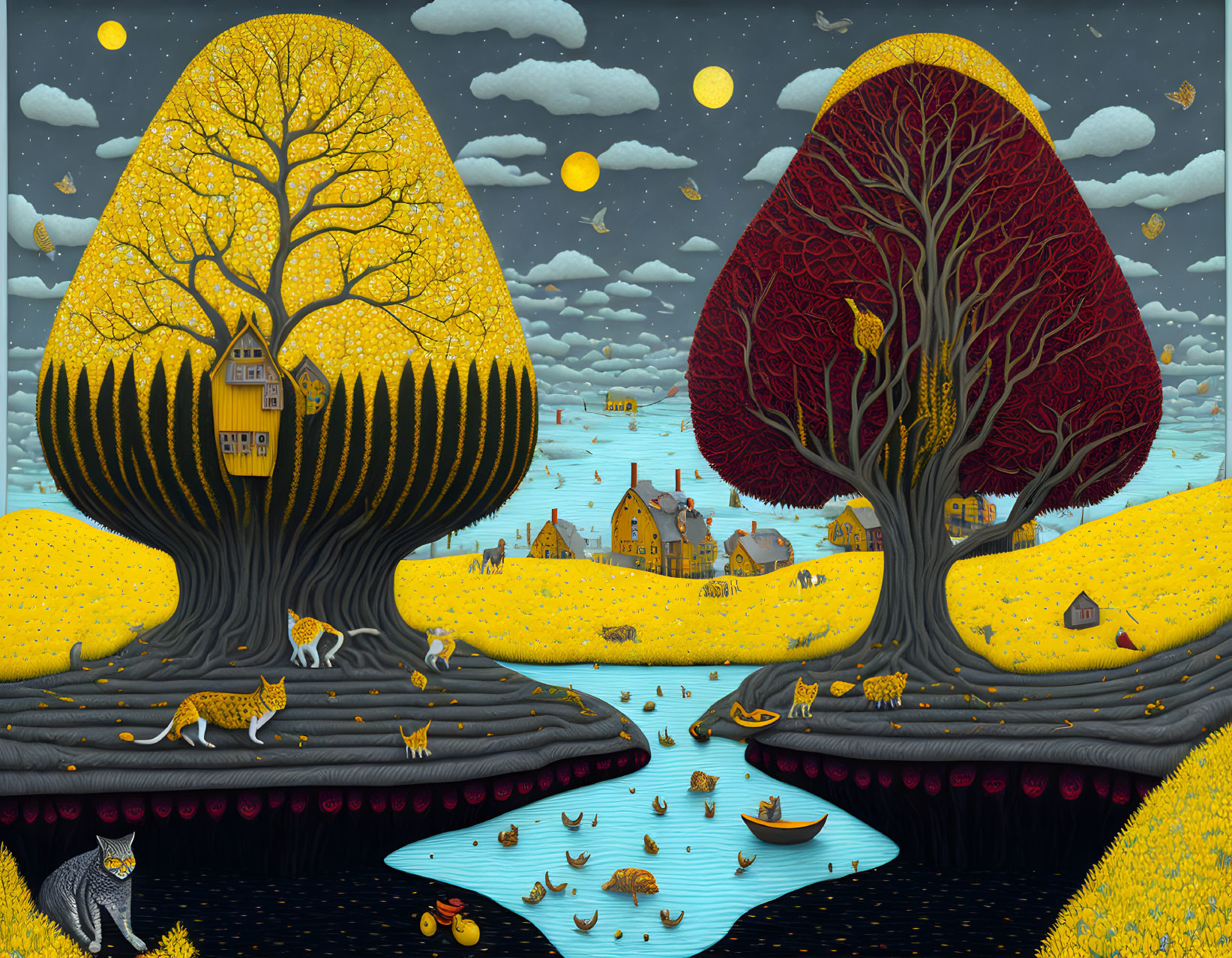 Illustration of whimsical tree houses in nature scene