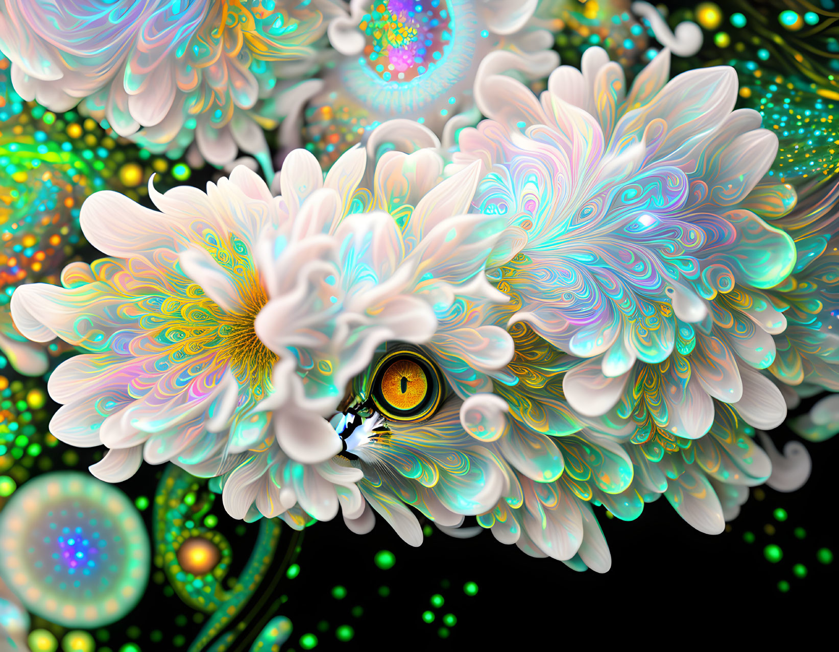 Surreal artwork: cat's eye, iridescent flowers, dark background