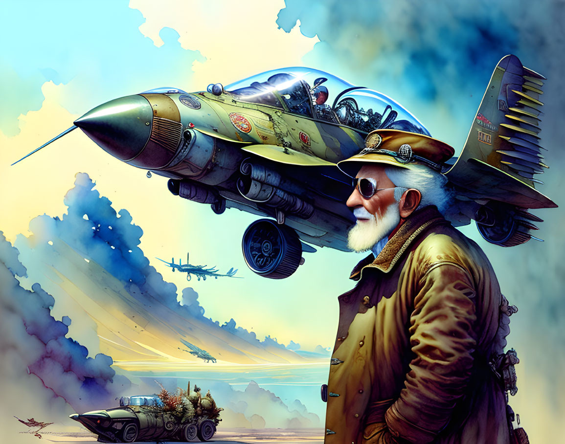 Stylized elderly pilot in flight gear with classic fighter jet in the background.