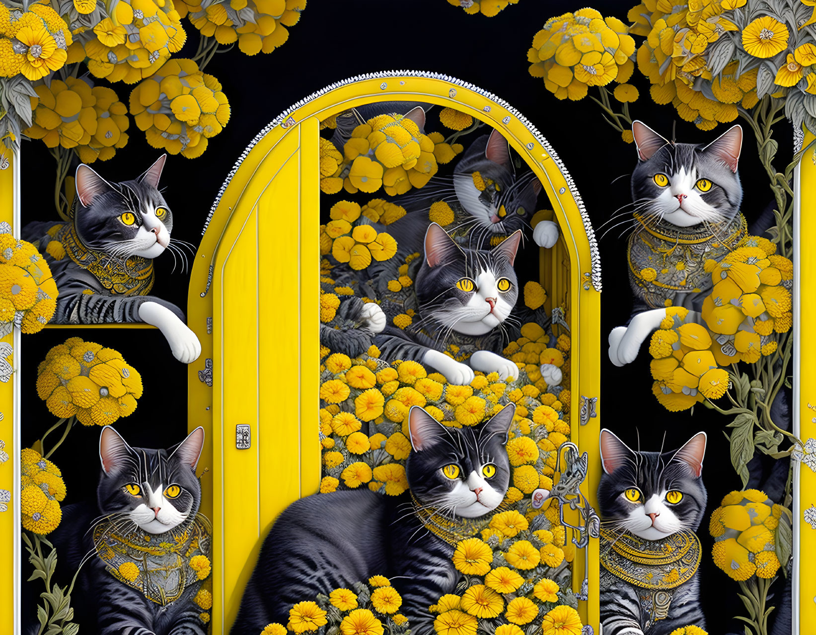 Five Grey Tabby Cats with Ornate Collars in Yellow Compartment