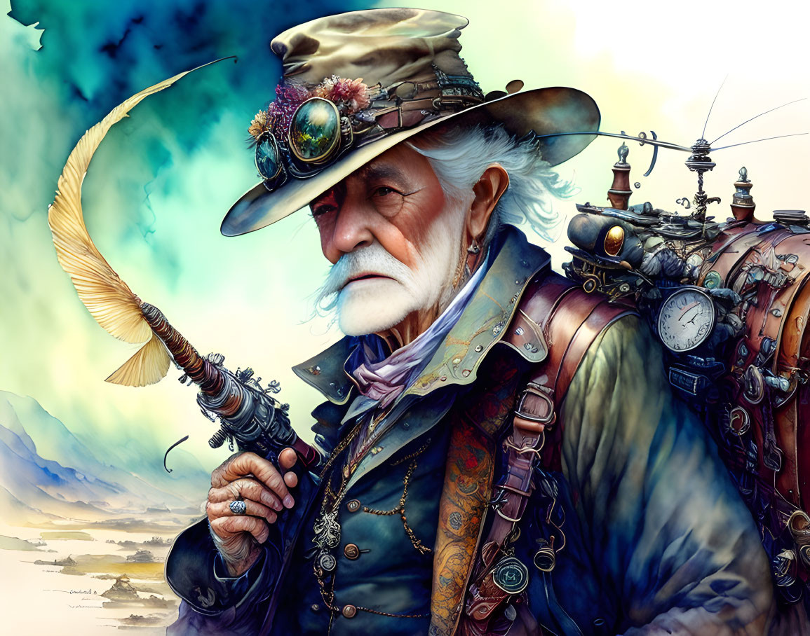 Elderly steampunk adventurer with mechanical backpack and rifle in landscape