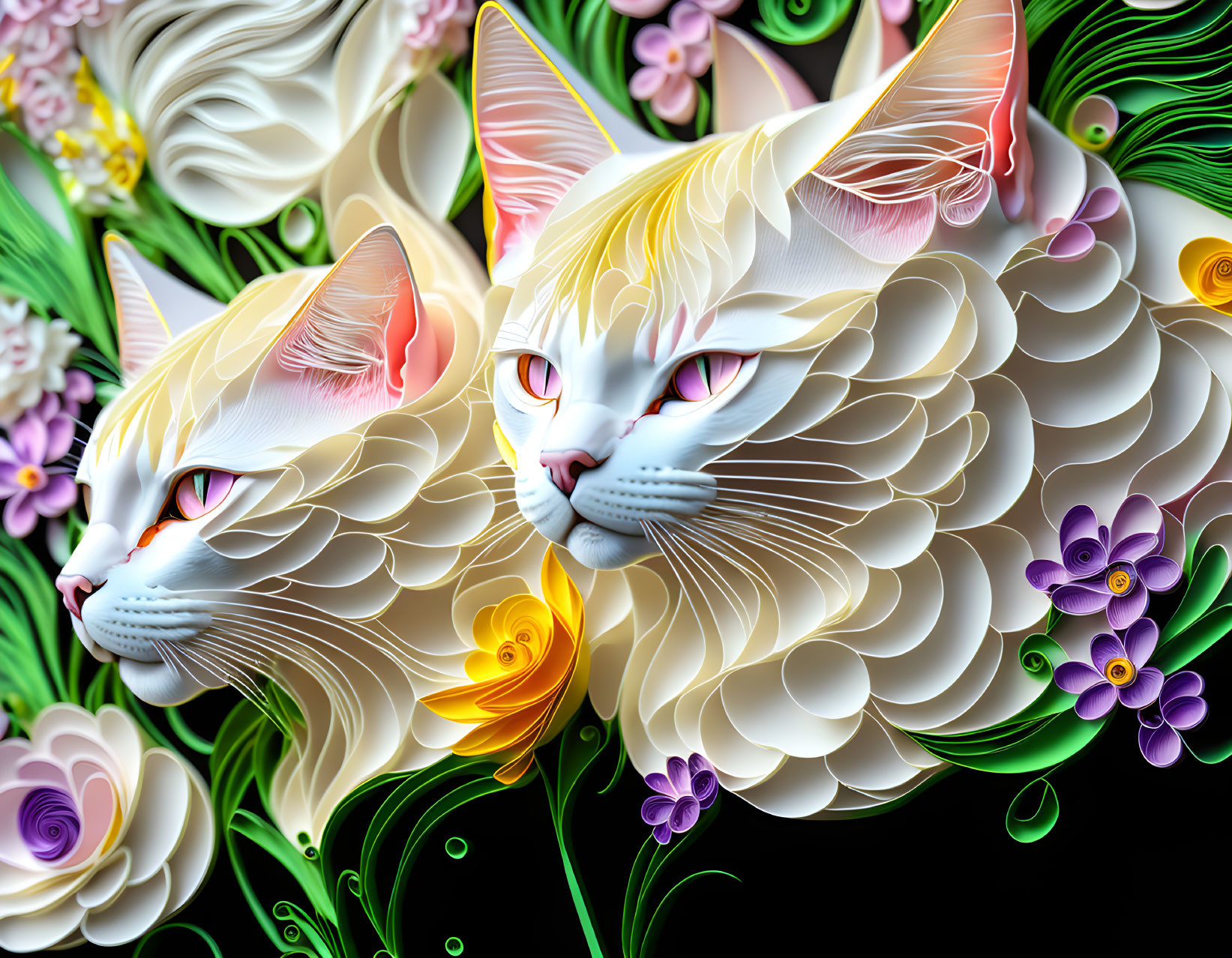 Colorful digital artwork: Two white cats with intricate fur patterns among vibrant flowers.