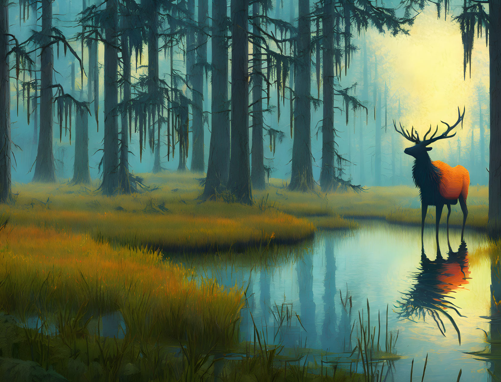 Majestic stag by tranquil pond in misty forest