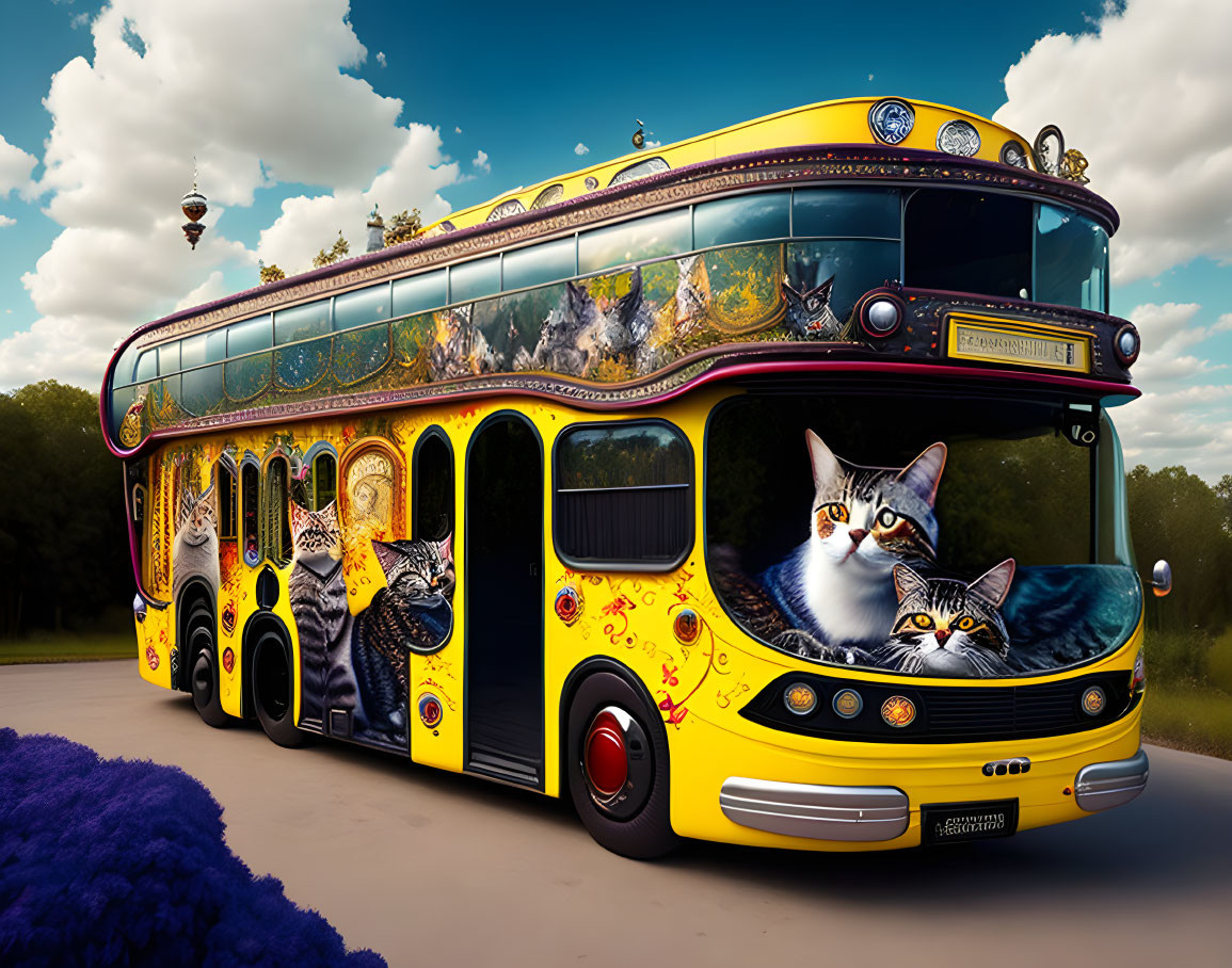 Colorful Fantasy-Themed Bus with Cat Images and Hot Air Balloons