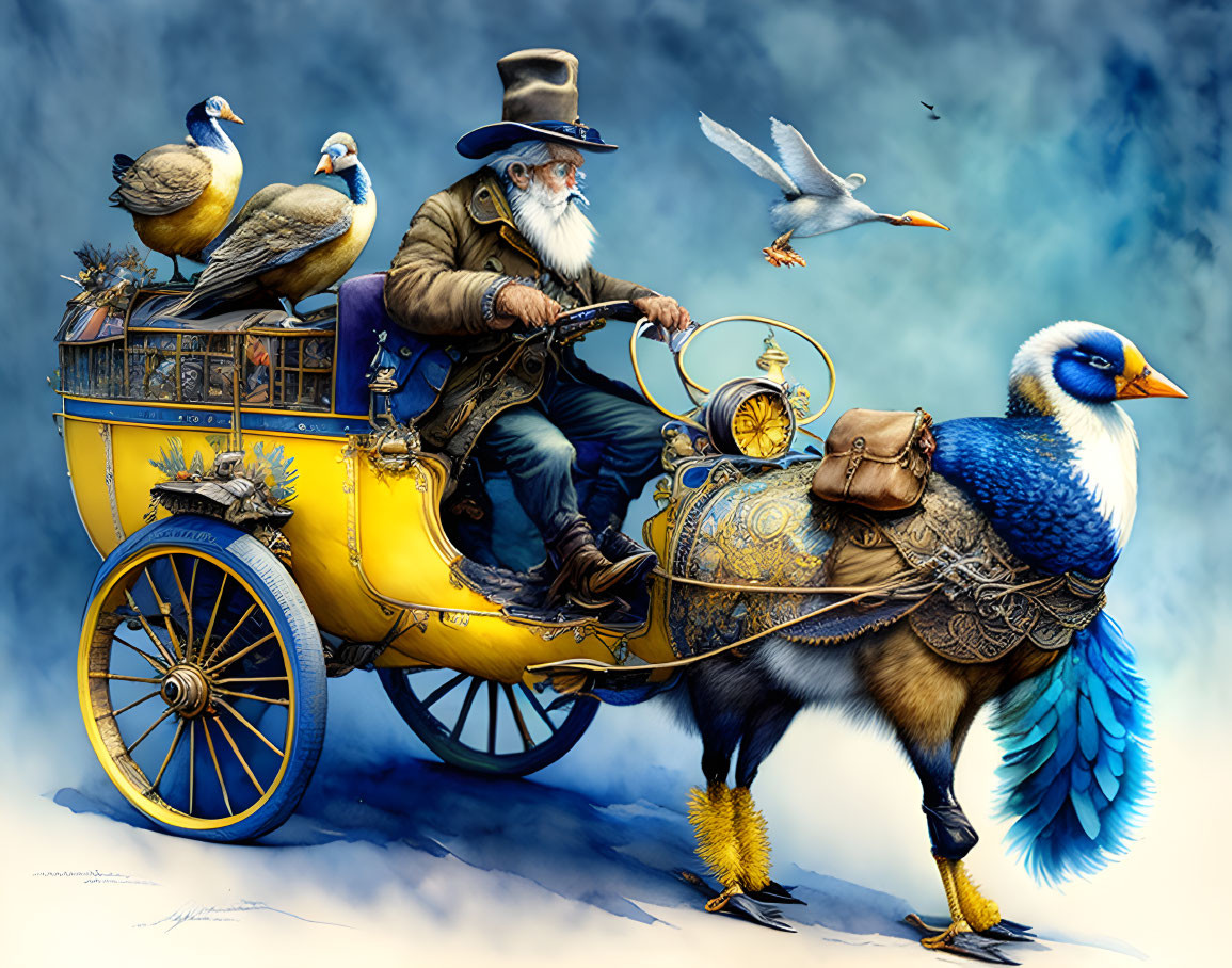 Elderly gentleman in top hat drives bird-themed carriage with blue bird 'horses'