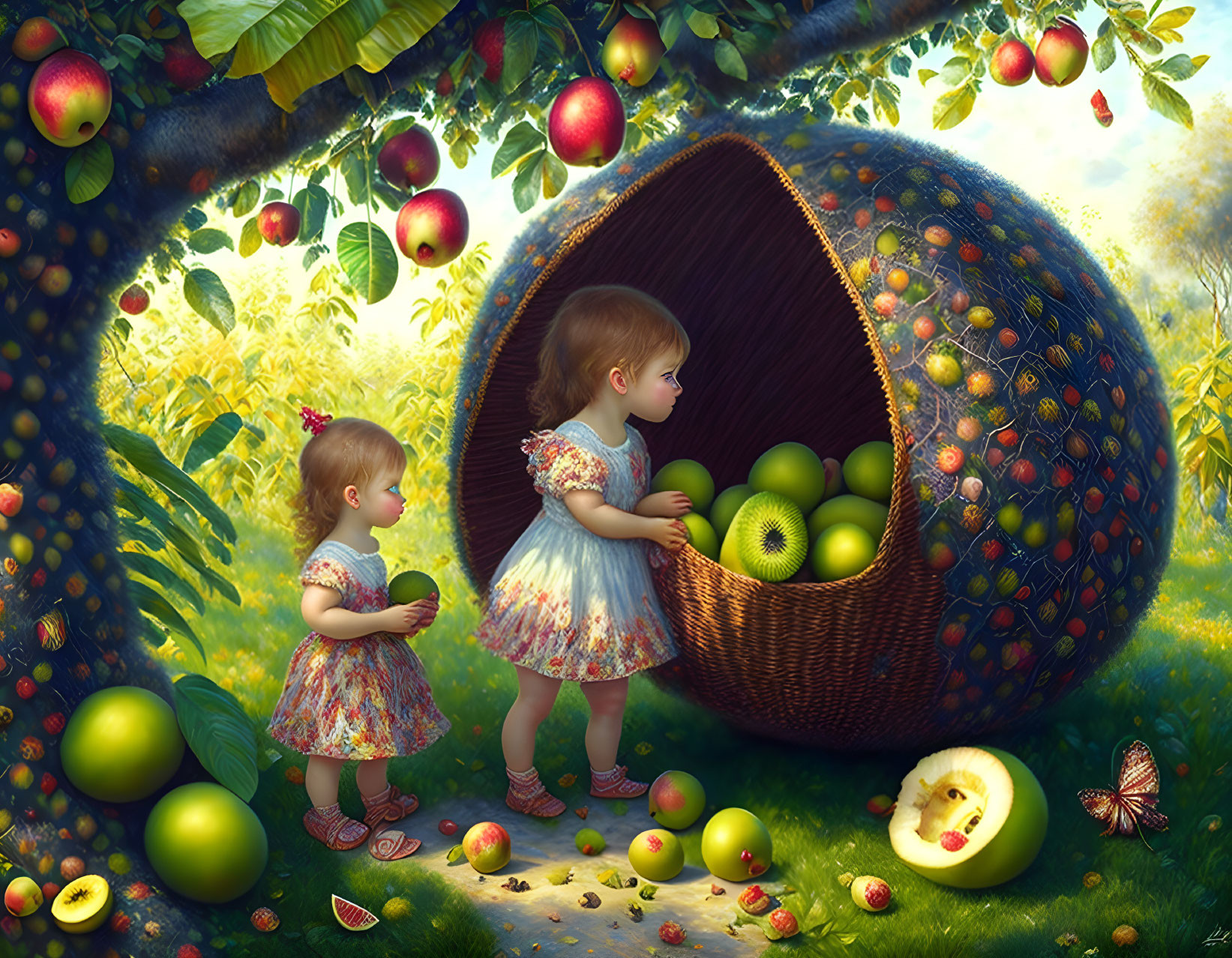 Two young girls exploring apple-filled wicker basket in lush orchard