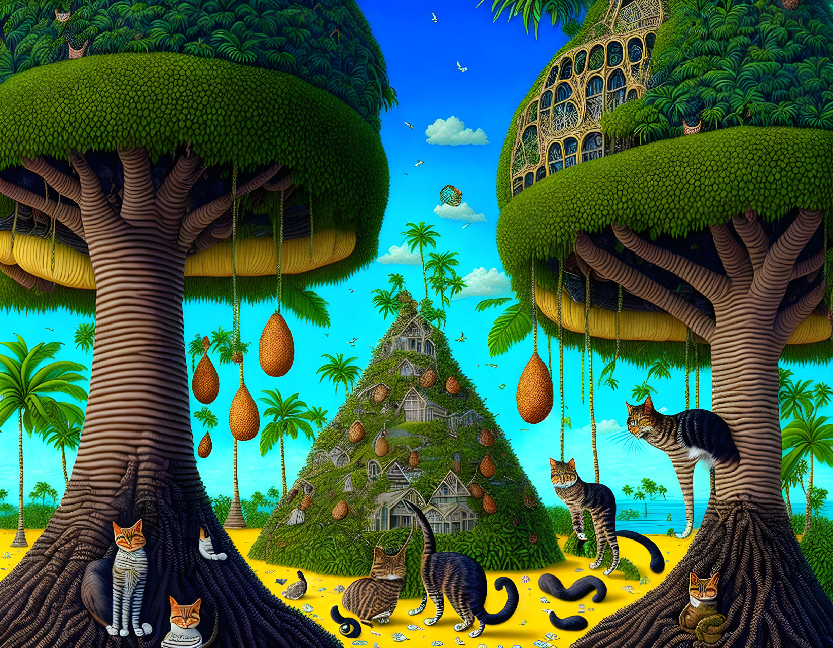 Fantasy landscape with colossal trees, fruits, cats, pyramid, and round building.