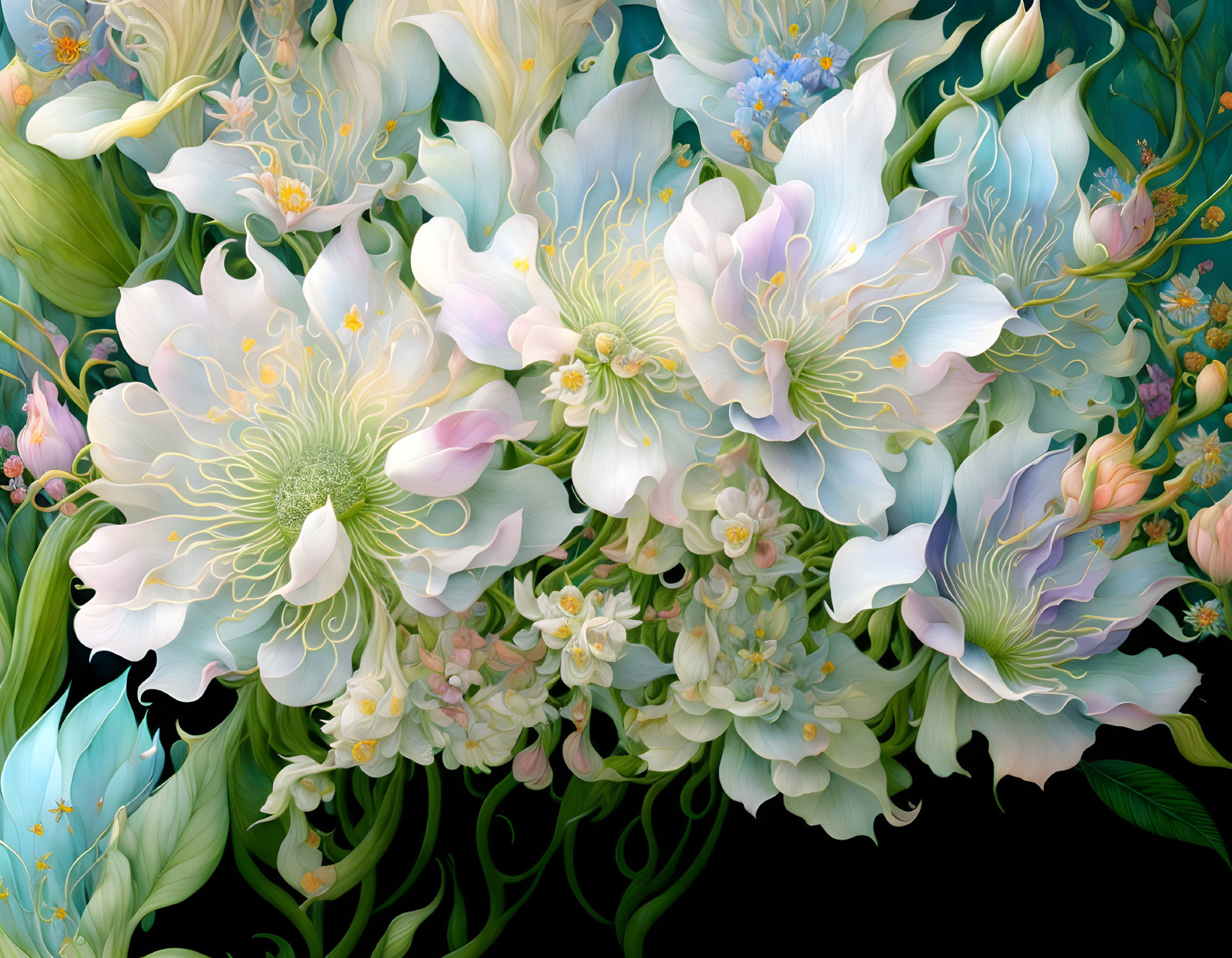 Detailed White and Pale Blue Flower Bouquet on Dark Background