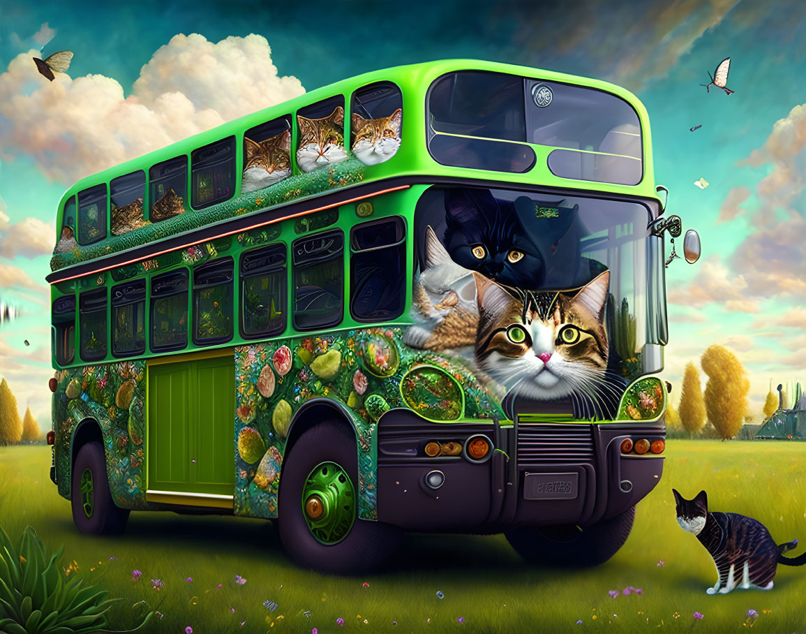 Colorful Illustration: Green Double-Decker Bus with Cats in Surreal Countryside