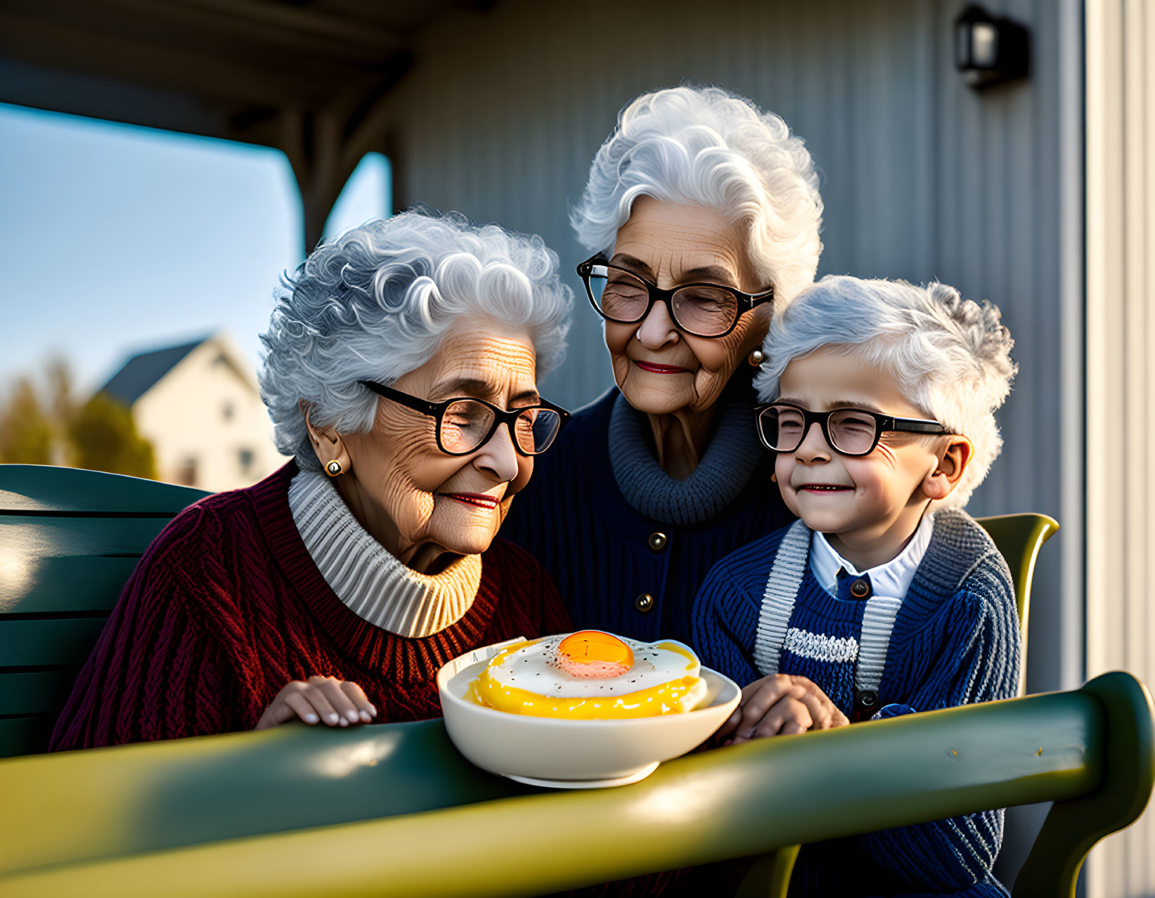 Elderly Women, Young Boy with Glasses Smiling Around Bowl Outdoors