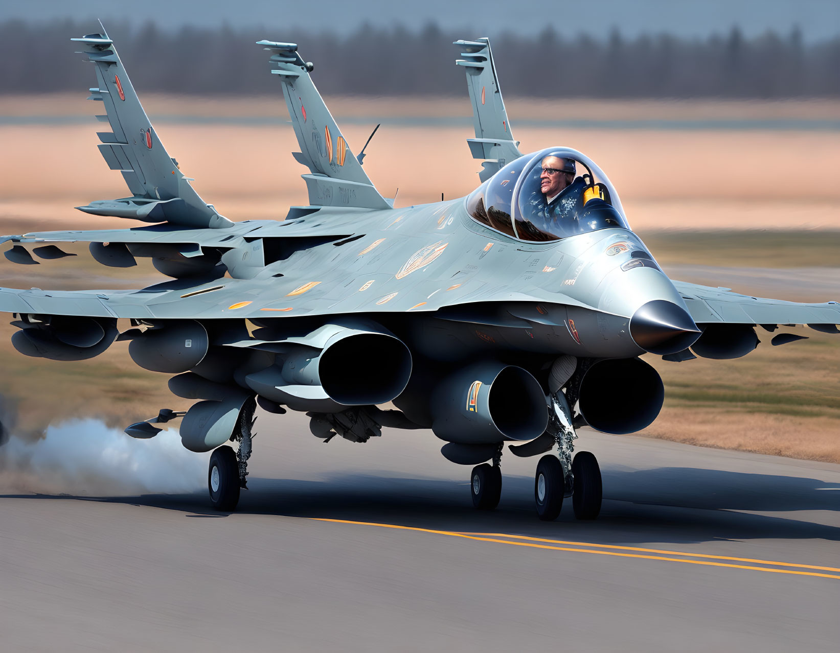 Military fighter jet with pilot in cockpit landing or taking off, trailing smoke, against blurred background