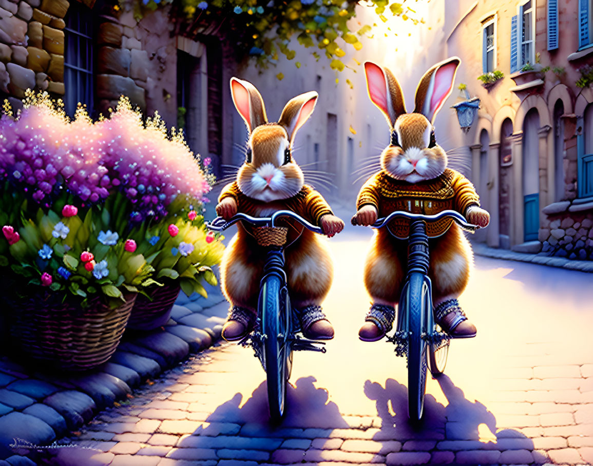 Anthropomorphic rabbits on vintage bicycles in quaint cobblestone street