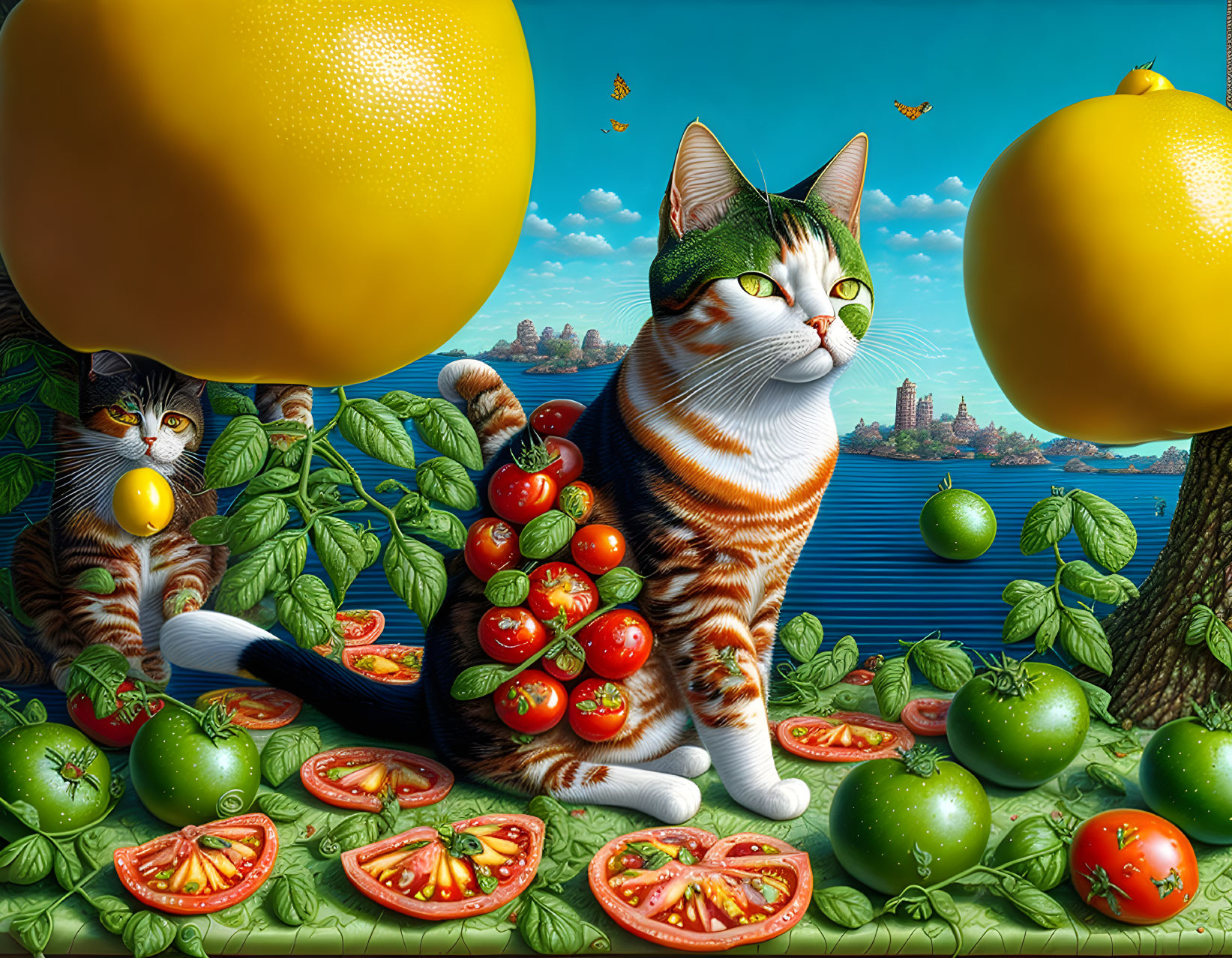 Illustration of two cats in a fruit-filled landscape under a clear blue sky