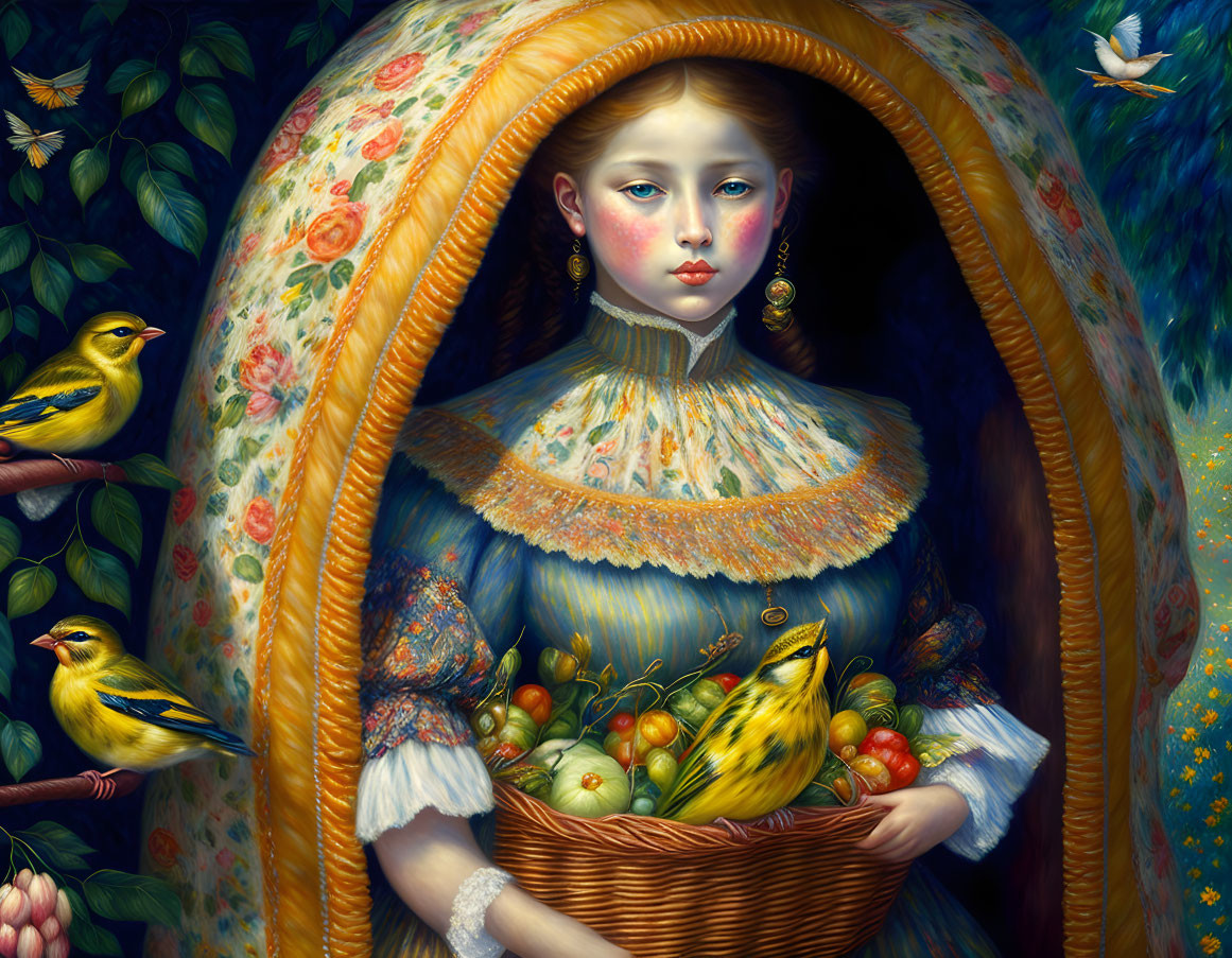 Victorian woman painting with birds, fruit, blue and gold tones