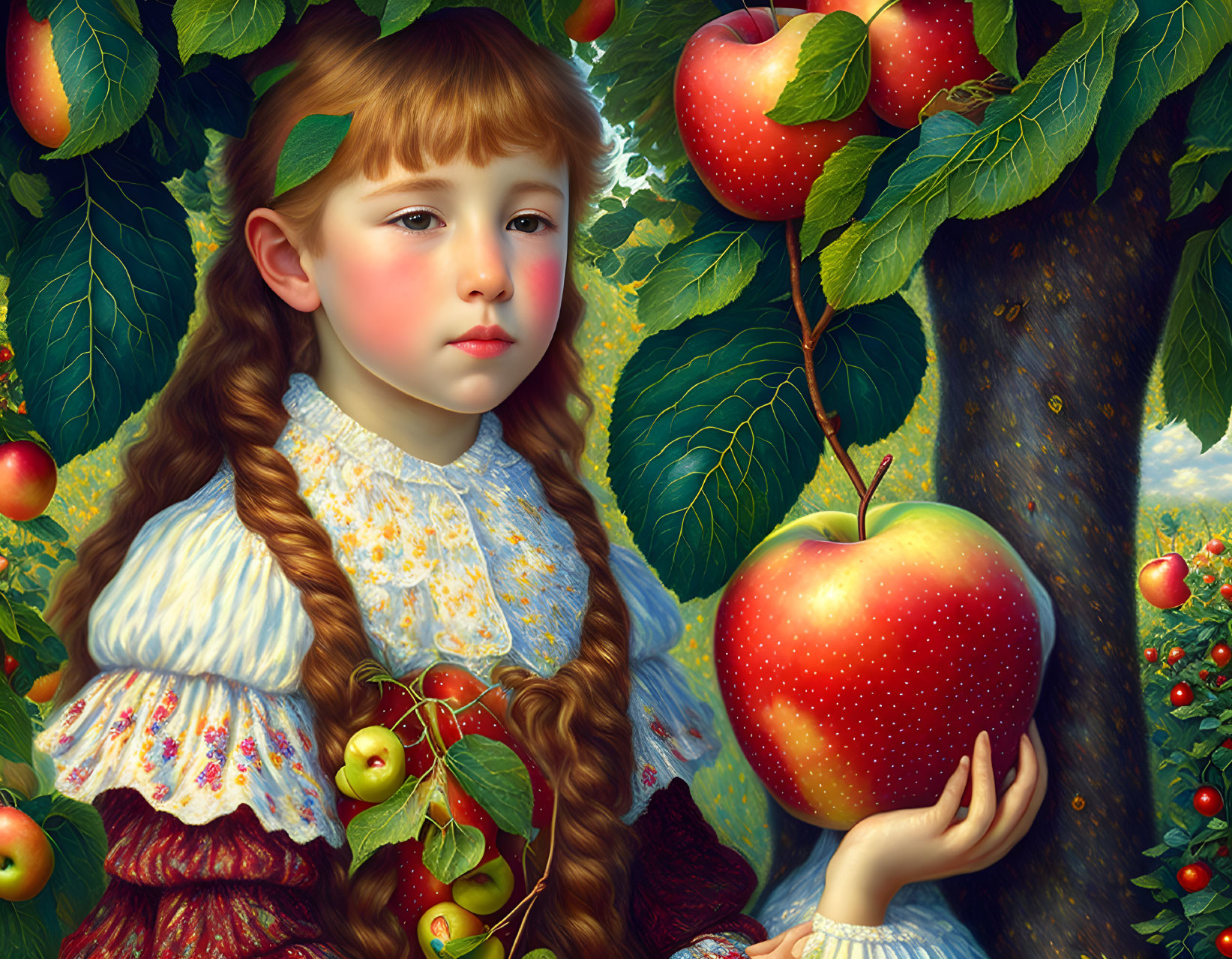 Young girl with braided hair in vintage dress near apple tree holding giant red apple amid cherries and