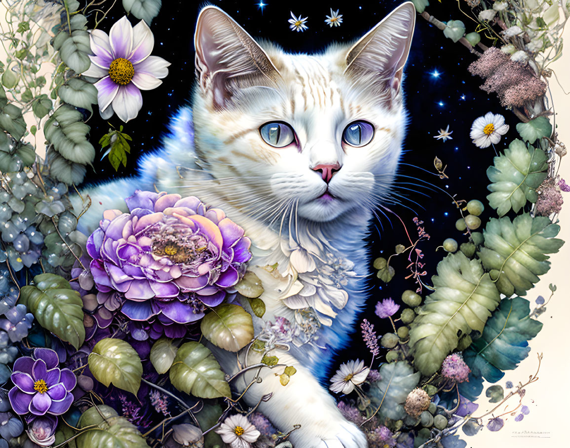 Digital Artwork: Cosmic Cat Surrounded by Flowers and Stars