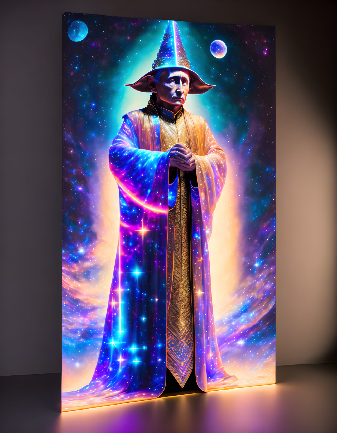 Colorful wizard illustration with cosmic backdrop and pointed hat.