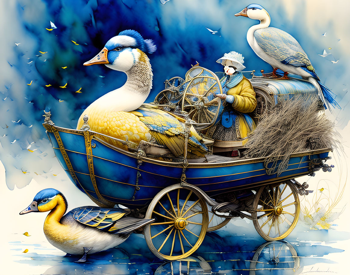 Whimsical duck-themed illustration with ducks in carriage and captain's wheel