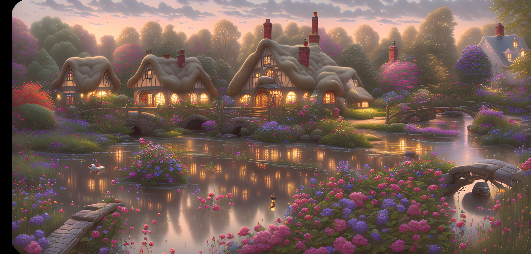 Thatched-Roof Cottages and Flowering Trees in Fantasy Village