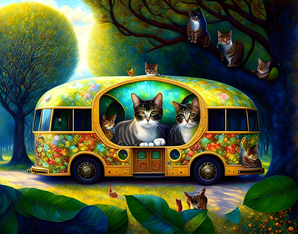 Colorful Cats on Whimsical Bus in Enchanted Forest