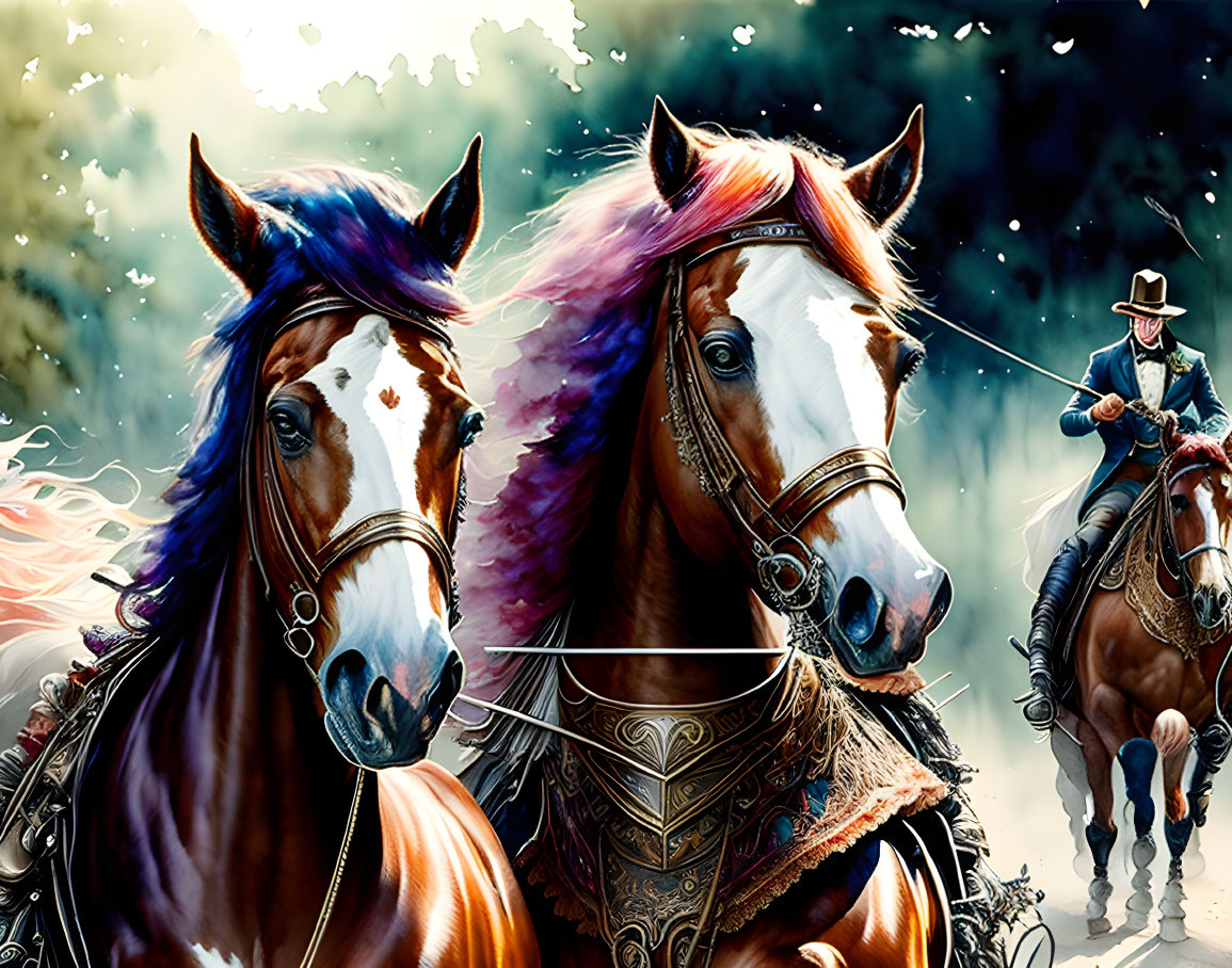 Colorful Mane Horses and Cowboy Illustration Against Cloudy Background