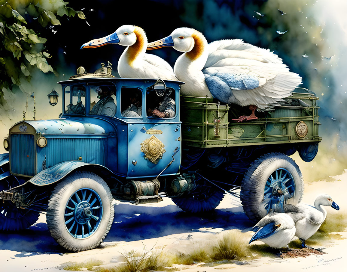 Exaggerated beak pelicans on blue truck in leafy setting