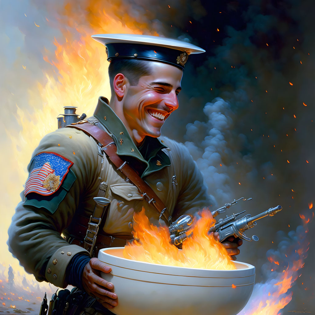 Soldier in uniform with flaming bowl against fiery backdrop