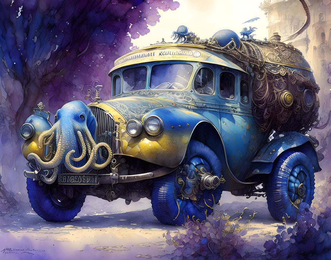 Fantasy vehicle with octopus details in forest and castle backdrop