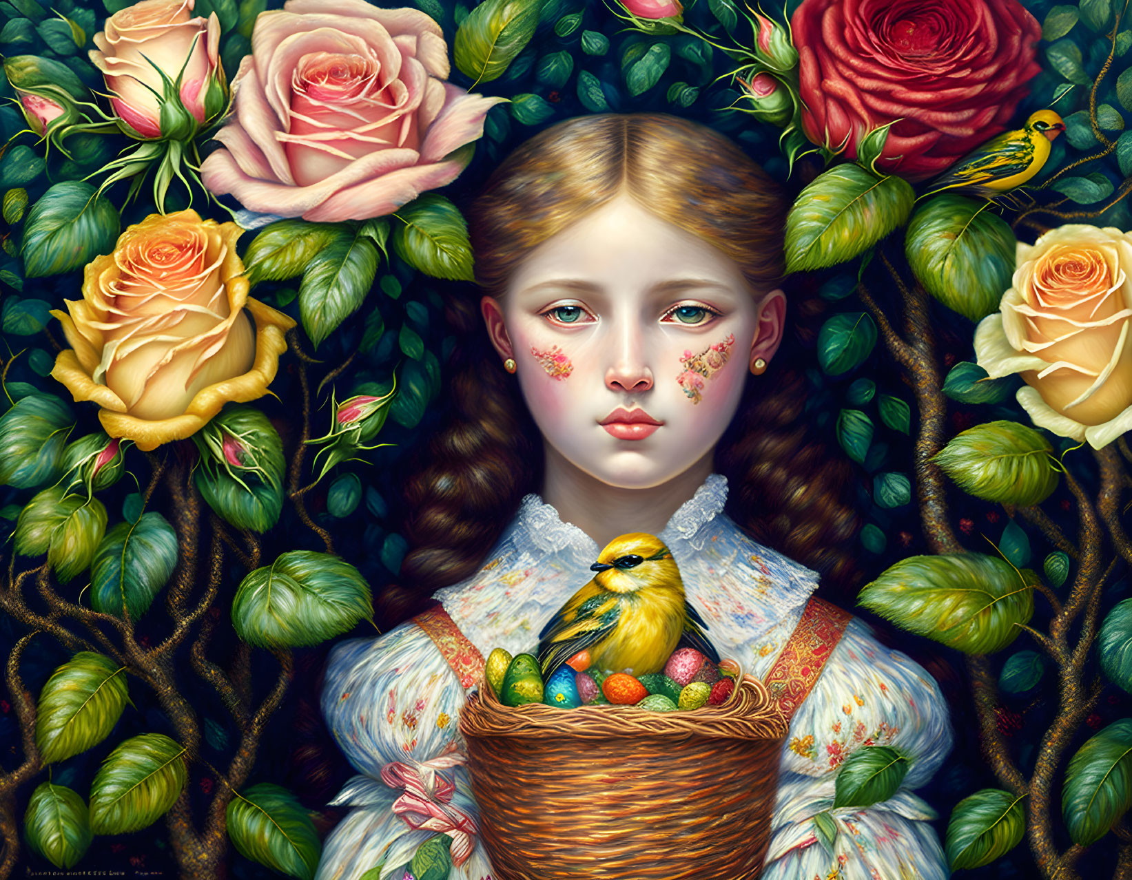 Surrealist portrait of girl with flora, bird, and fruits in basket