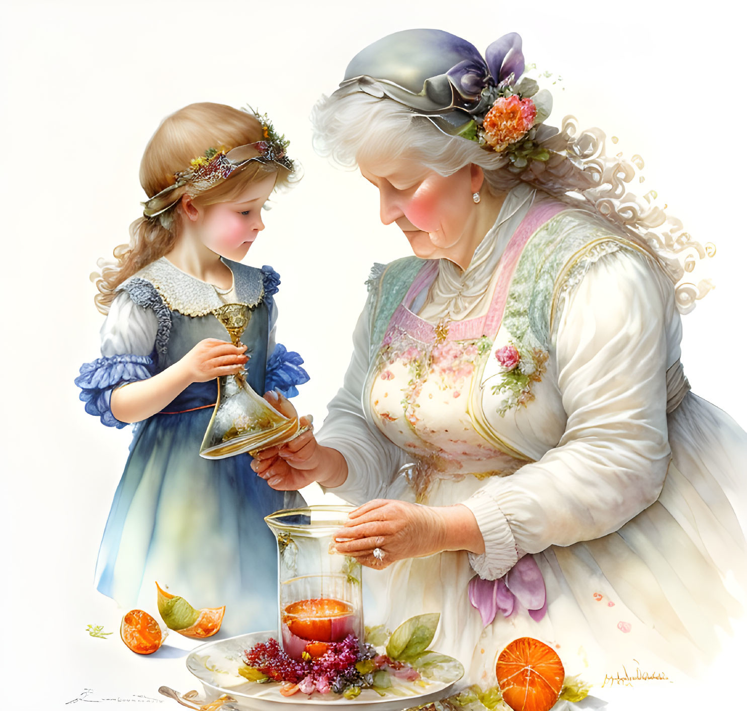 Family bonding: grandmother and granddaughter making drink with oranges