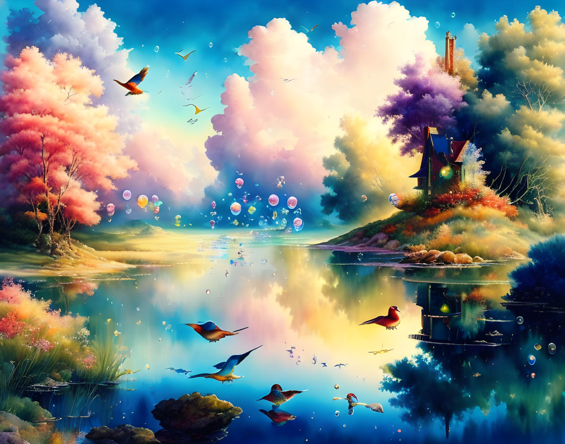 Colorful Fantasy Landscape with Trees, Bubbles, Birds, Lake, and Whimsical House