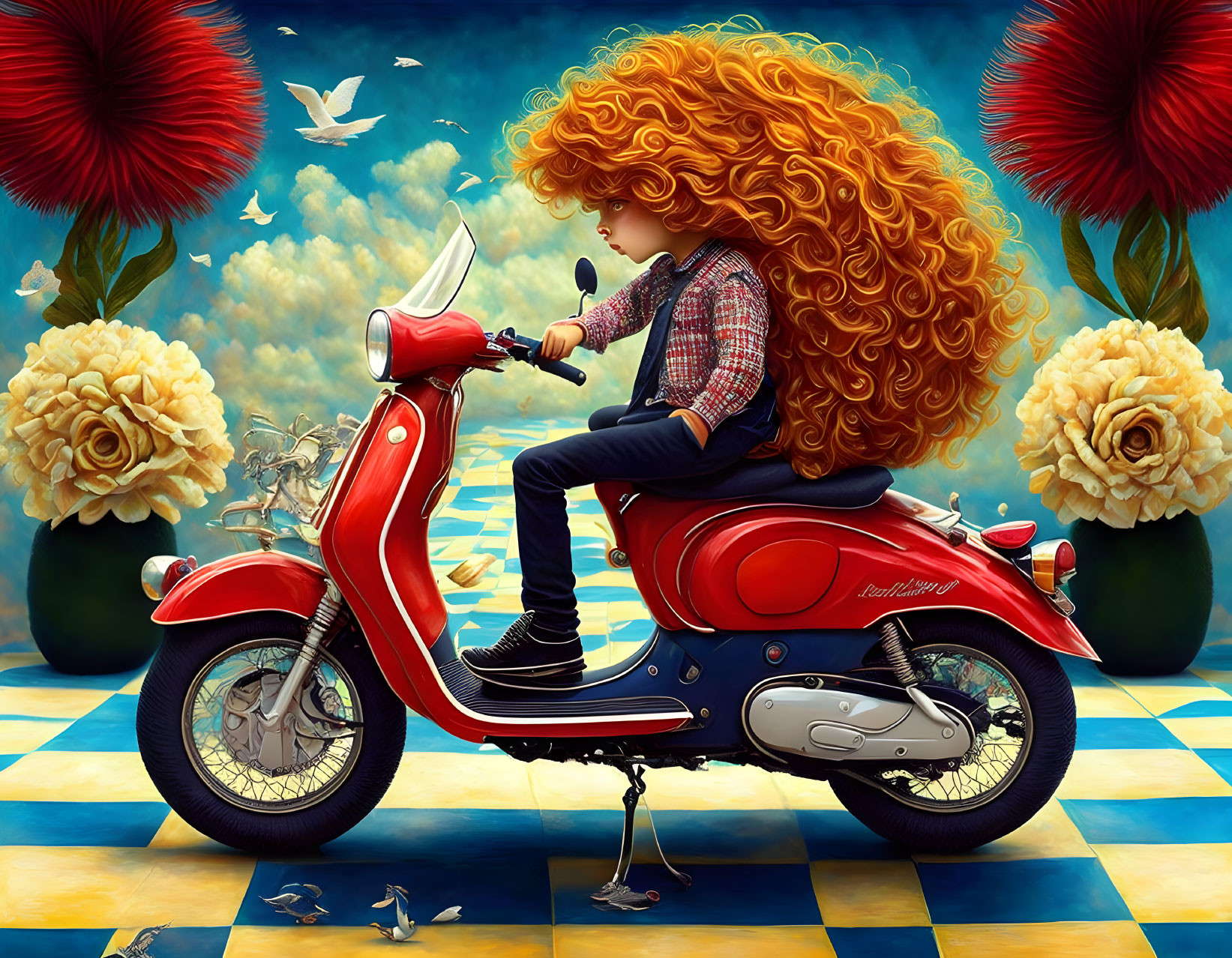 Whimsical artwork: Character with curly hair on red scooter, surrounded by flowers and birds