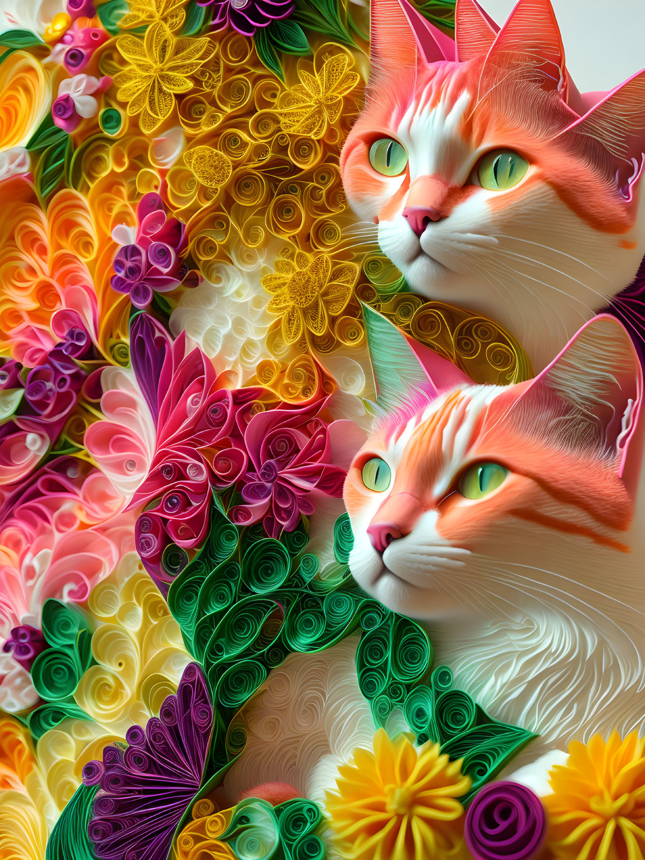 Colorful artwork featuring two cats amid floral quilling patterns