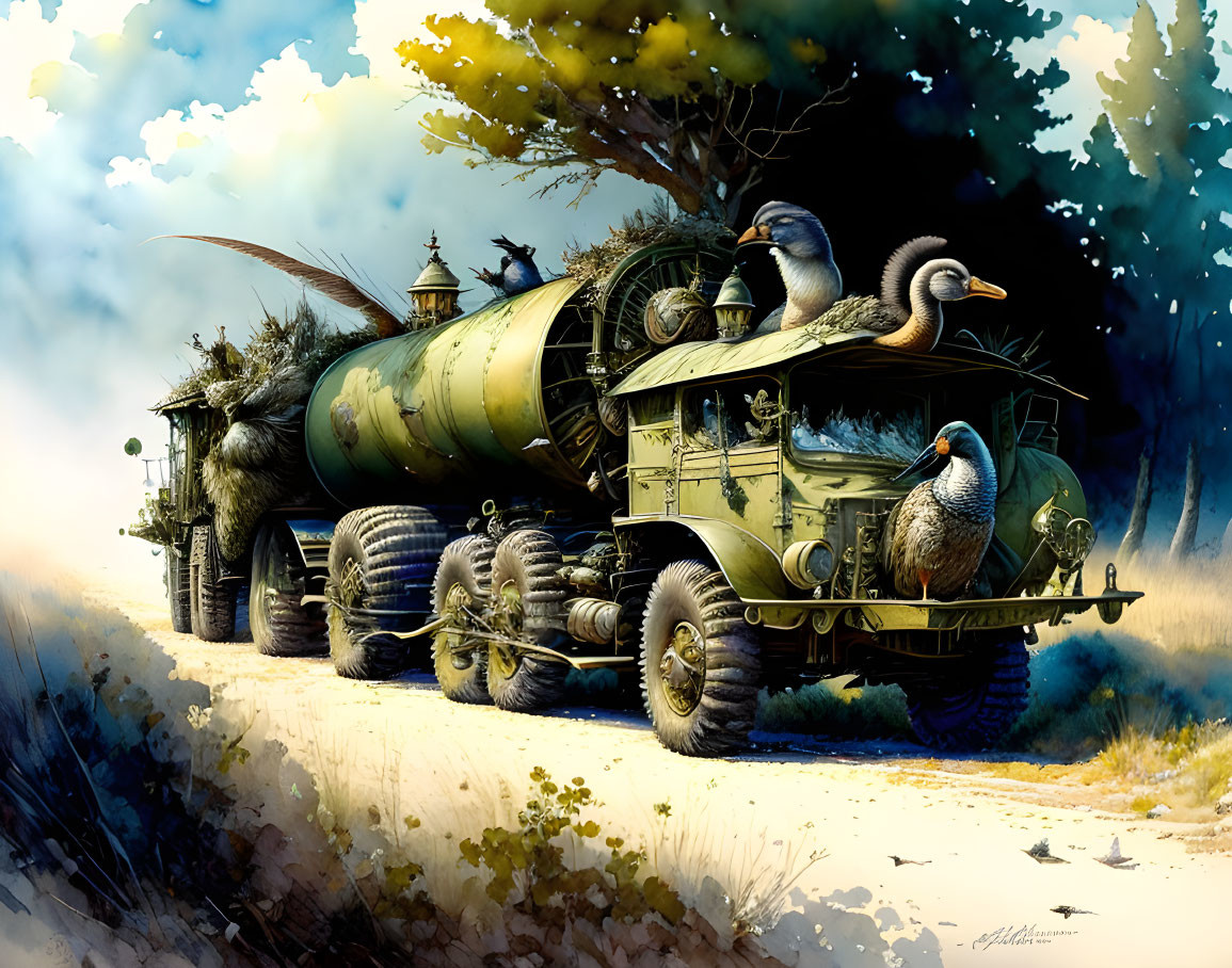 Illustration of pigeons on vintage military truck with steam engine in nature scene