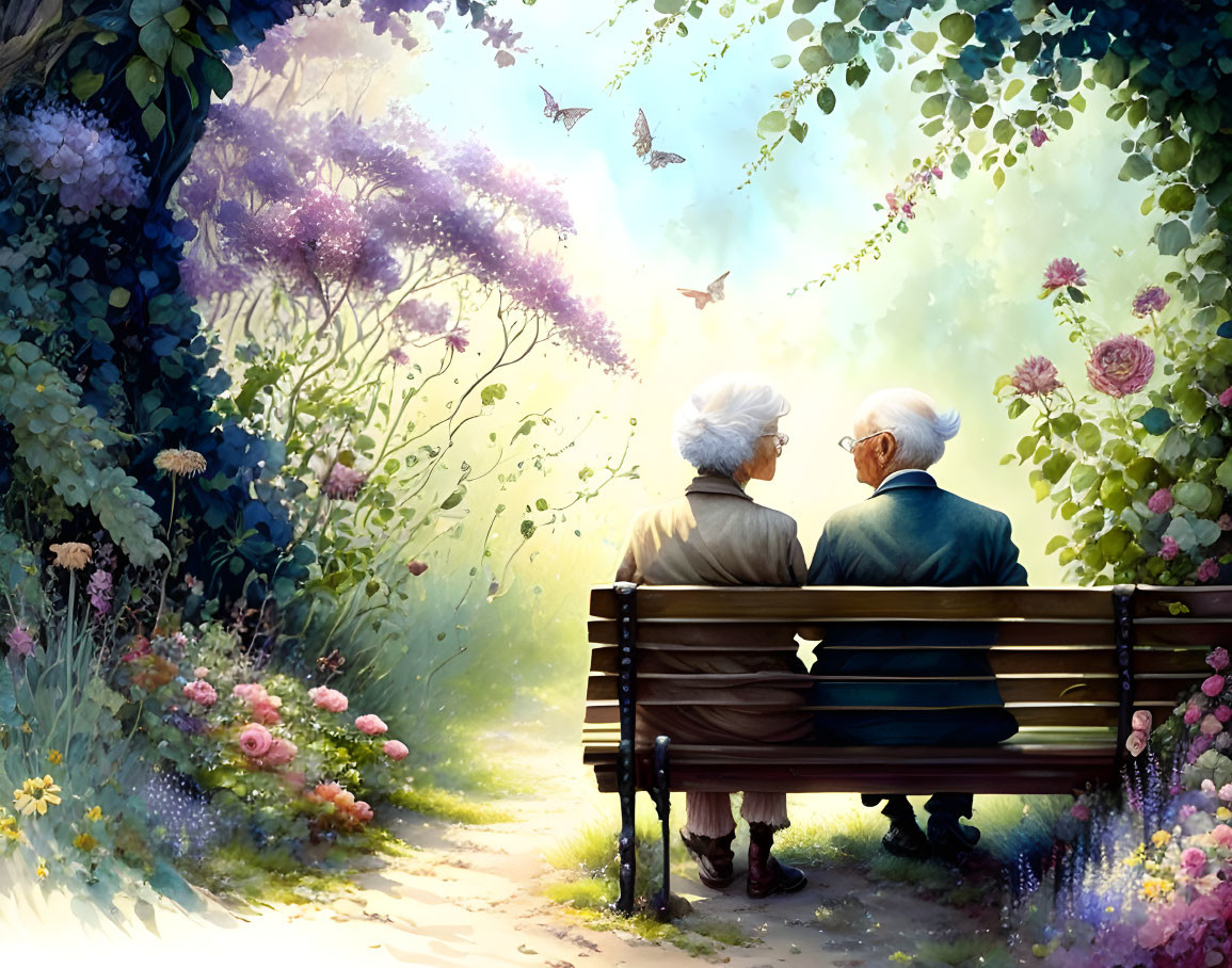 Elderly couple on park bench with lush flowers and butterflies