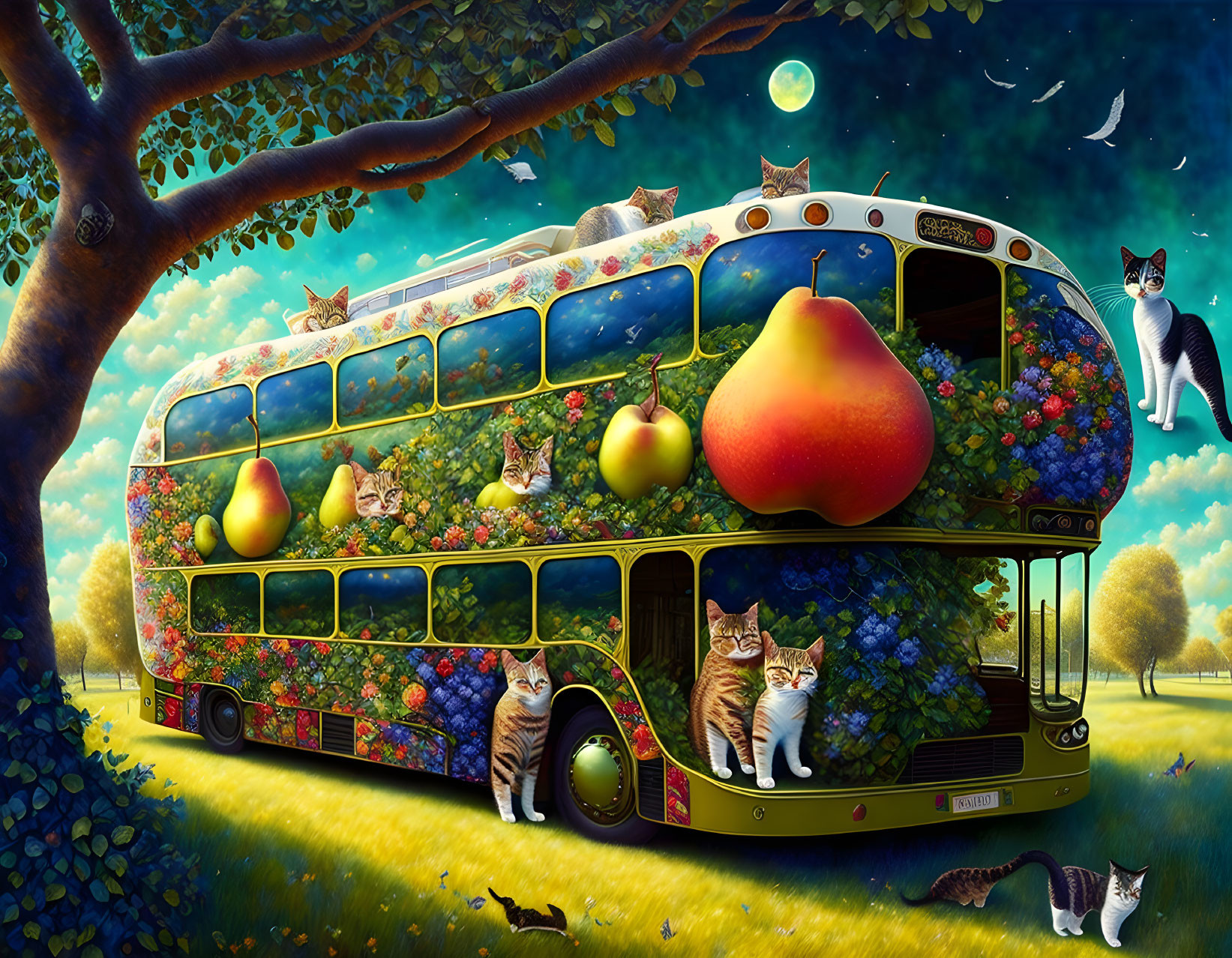 Whimsical garden scene with flower-covered bus and cats