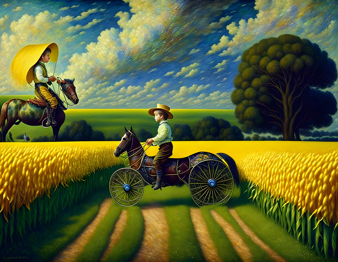 Surreal painting: small boy in cart, large woman on horse in yellow crop field