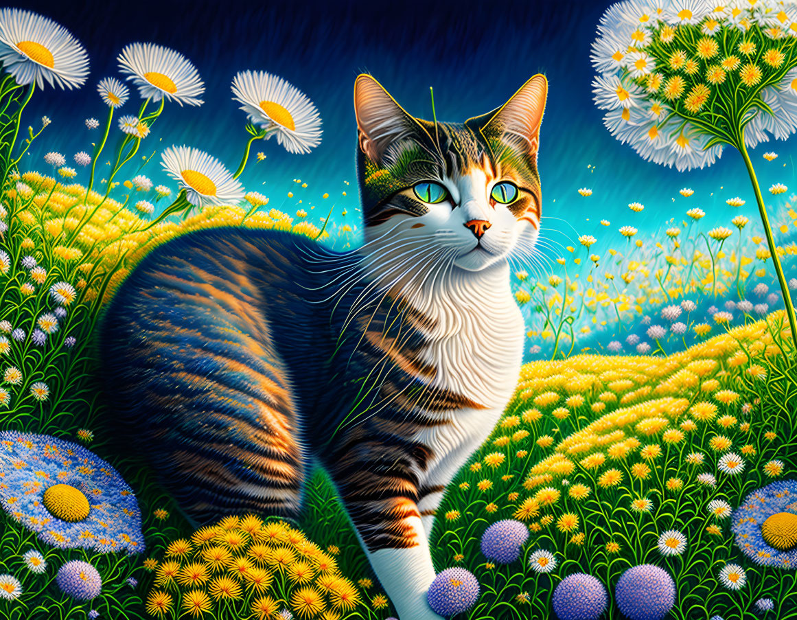 Tabby cat in colorful meadow with daisies under starry sky