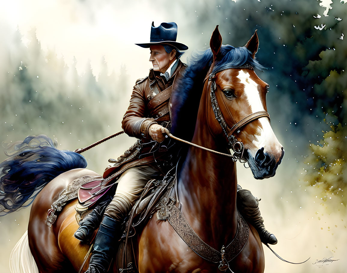 Digital artwork: Person in historical attire on horse in misty forest