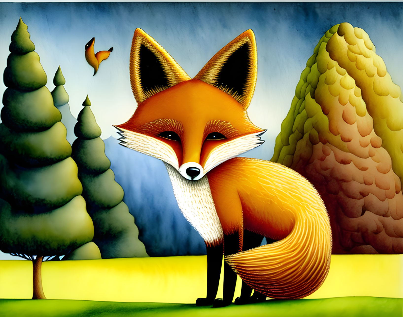 Colorful Fox Illustration in Stylized Forest Environment