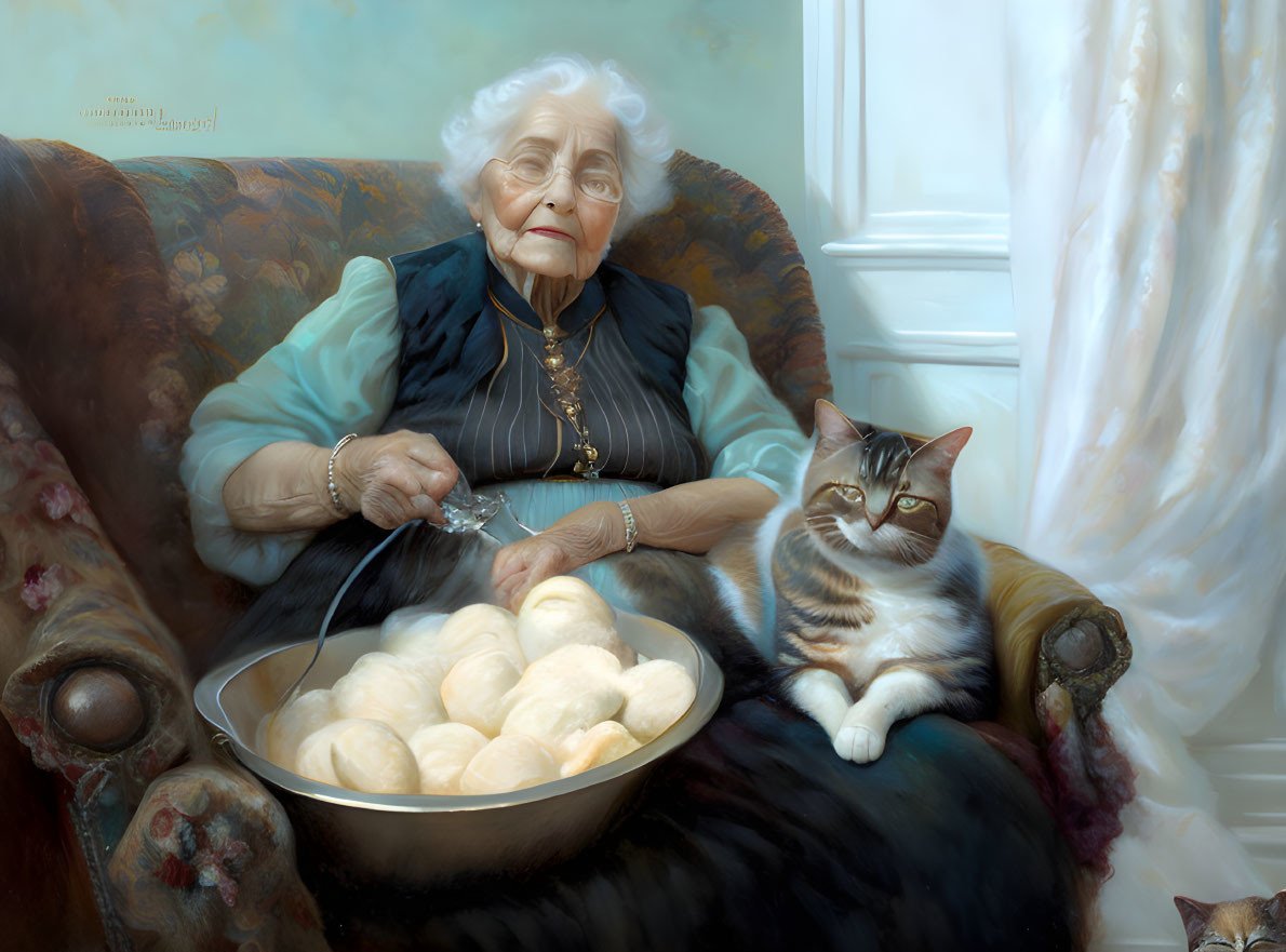 Elderly woman knitting with cat on couch in soft light